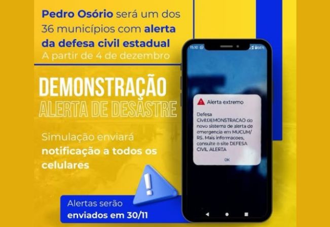 Pedro Osório será um dos 36 município a receber o novo alerta para desastres da Defesa Civil Estadual.